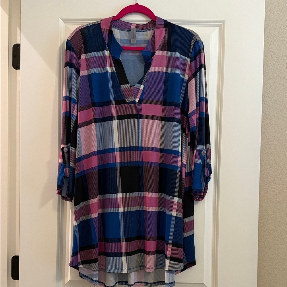 Honeyme Plaid V-Neck Tunic - Blue and Purple